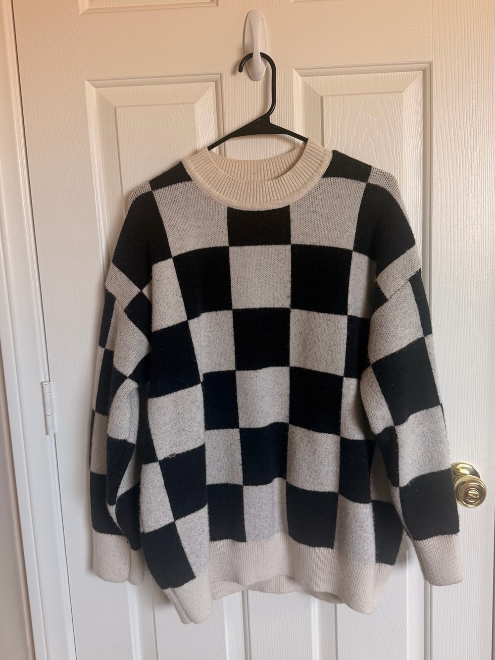 Miou Muse Black and Cream Checkerboard Knit Pullover Oversized
